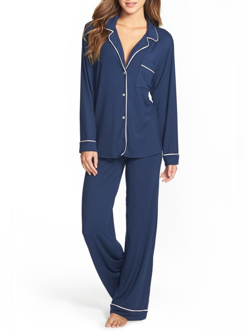 Eberjey Gisele Pajama Set S Navy Blue Long Sleeve Pant Tencel Modal Matching PJ